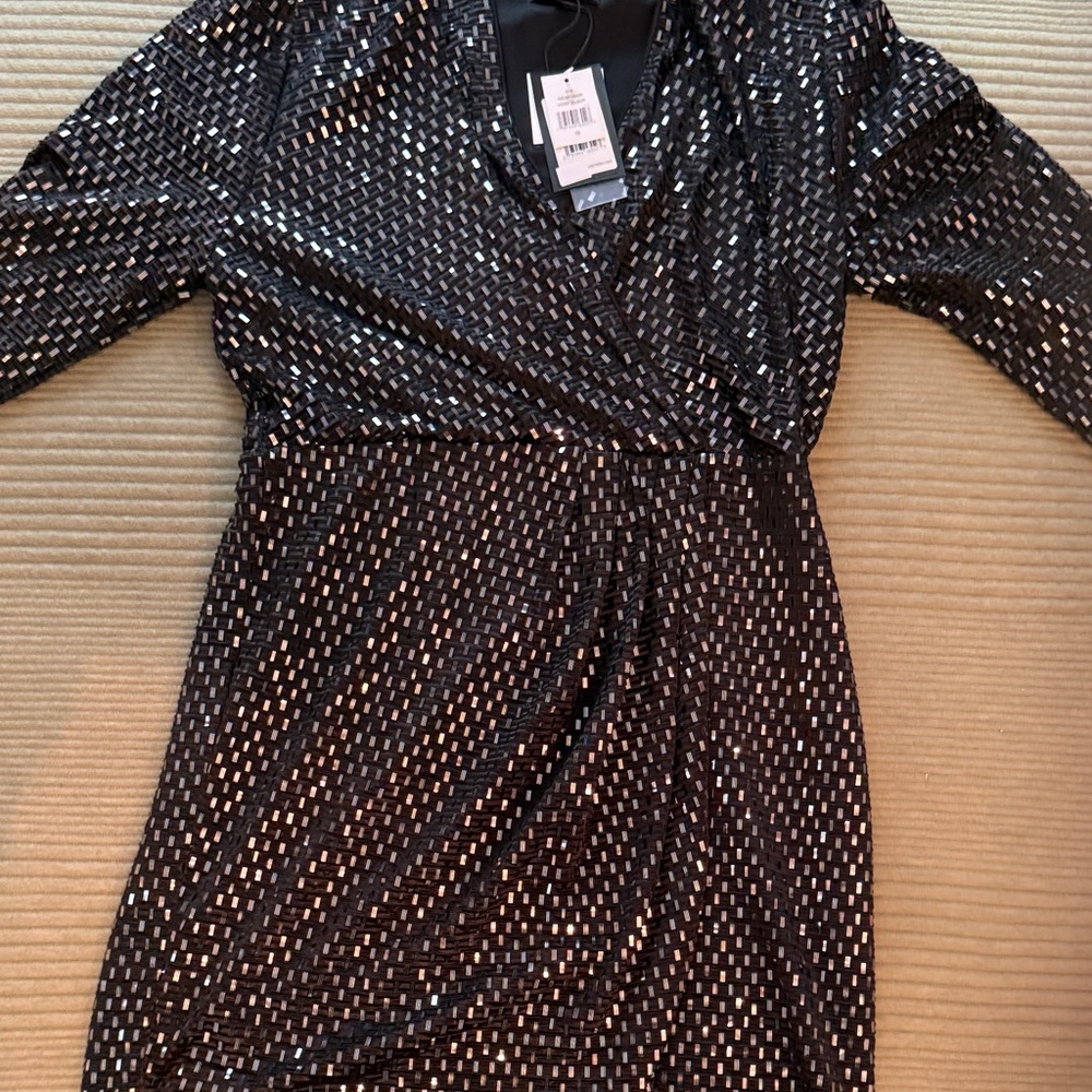 Nicole Miller Black Sequin Long Sleeve Dress